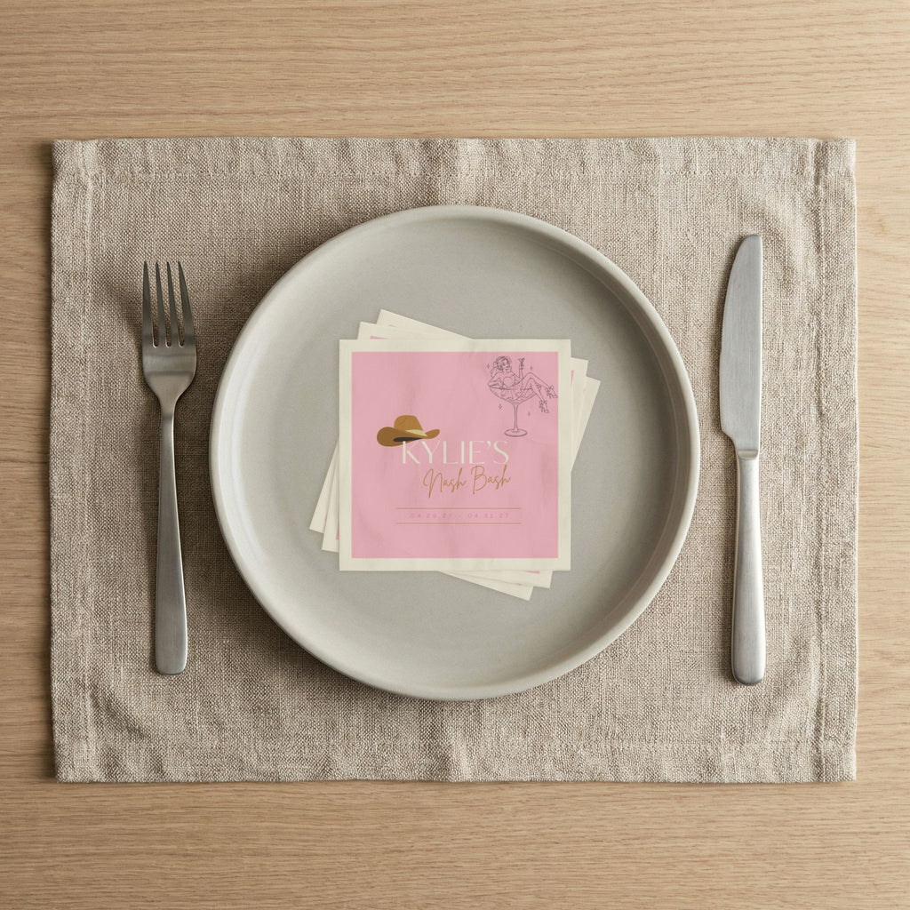 Bachelorette Napkins - Personalized 'Kylie's Nash Bash' Pink Cowboy Hat Cocktail Design
