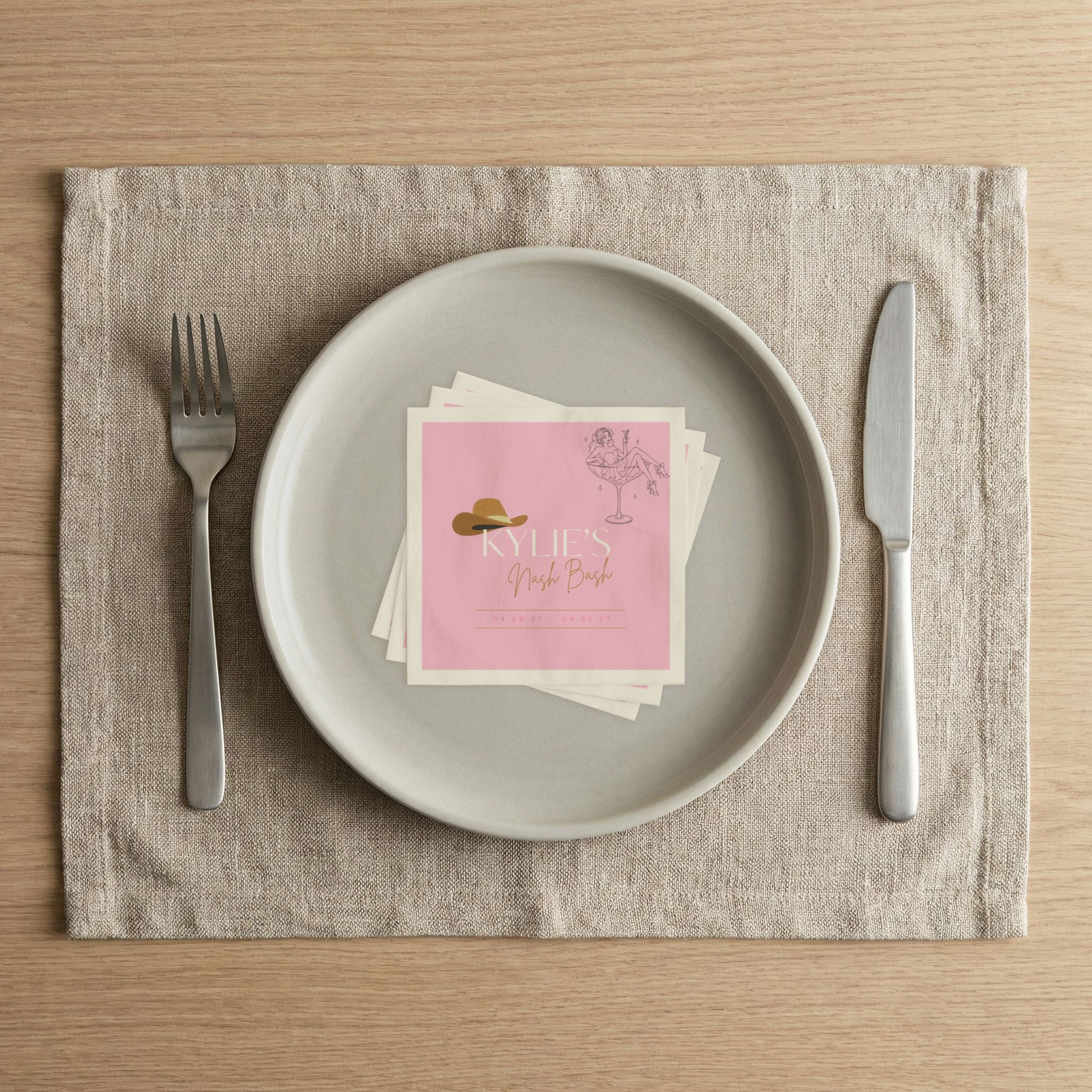 Bachelorette Napkins - Personalized 'Kylie's Nash Bash' Pink Cowboy Hat Cocktail Design