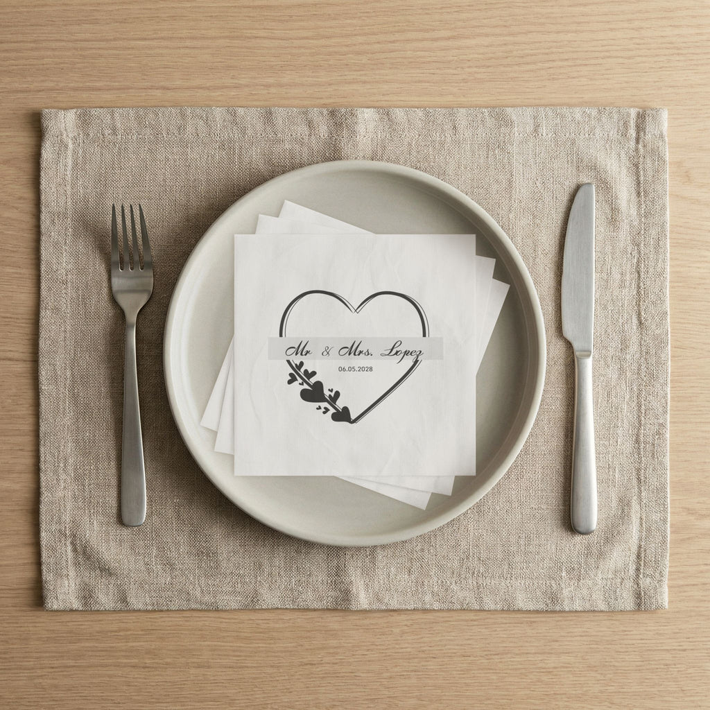 Wedding Napkins — Mr. & Mrs. Lopez Custom Date Heart Design