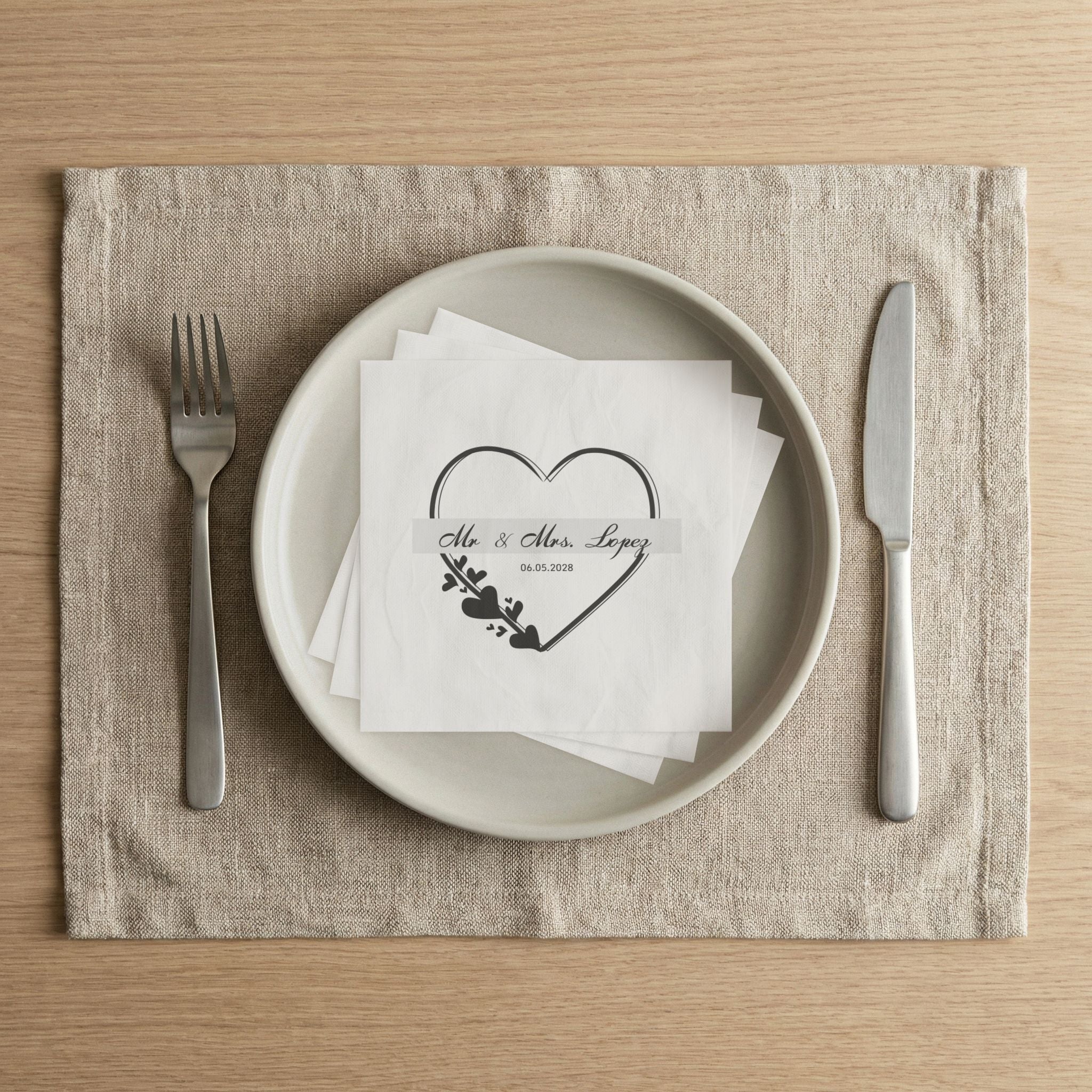 Wedding Napkins — Mr. & Mrs. Lopez Custom Date Heart Design