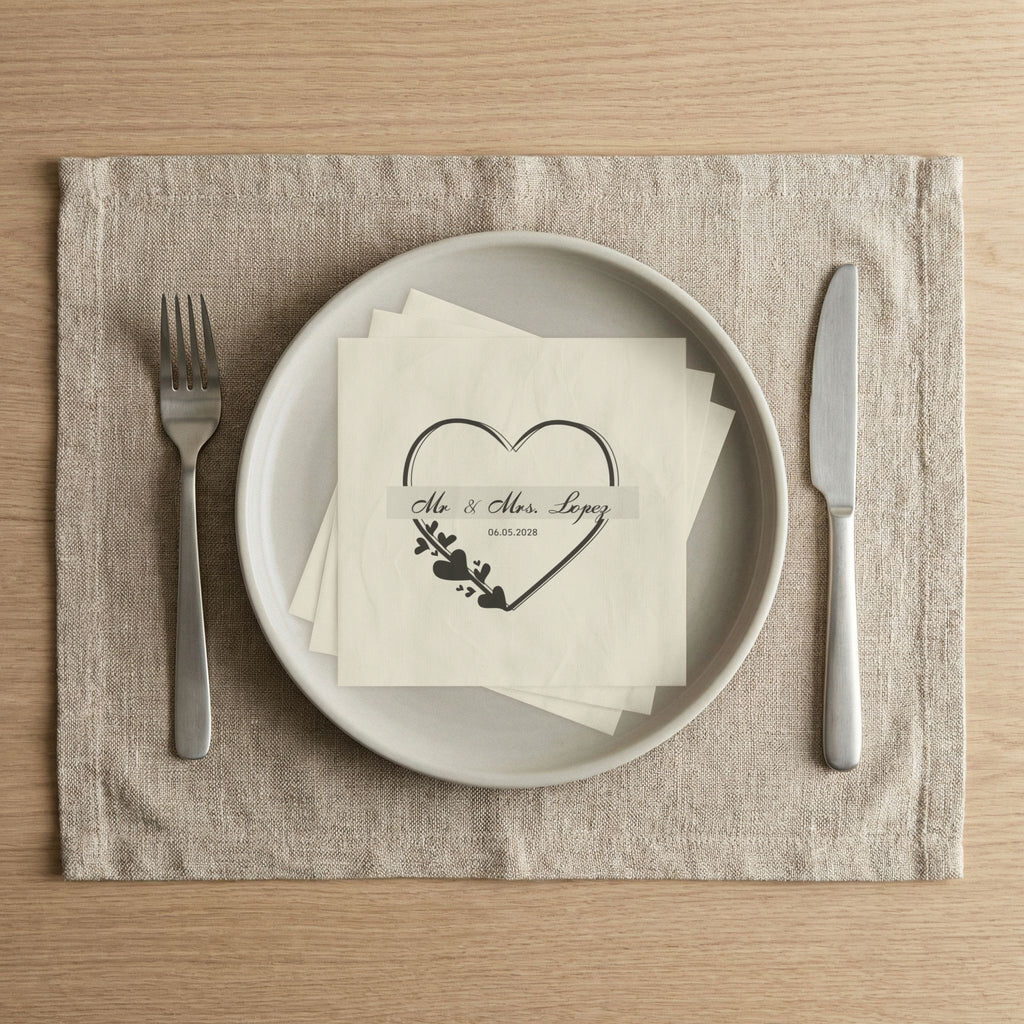 Wedding Napkins — Mr. & Mrs. Lopez Custom Date Heart Design