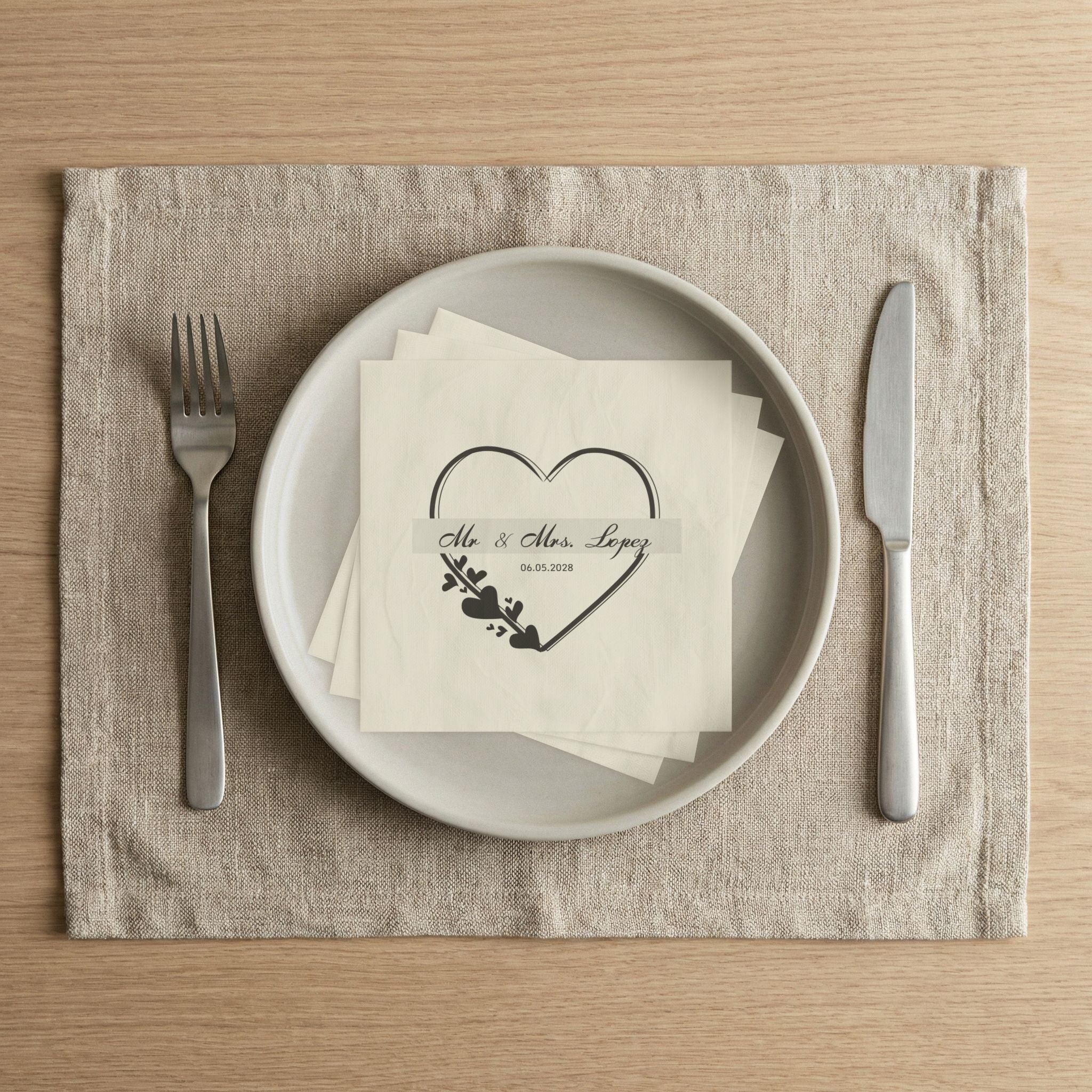 Wedding Napkins — Mr. & Mrs. Lopez Custom Date Heart Design