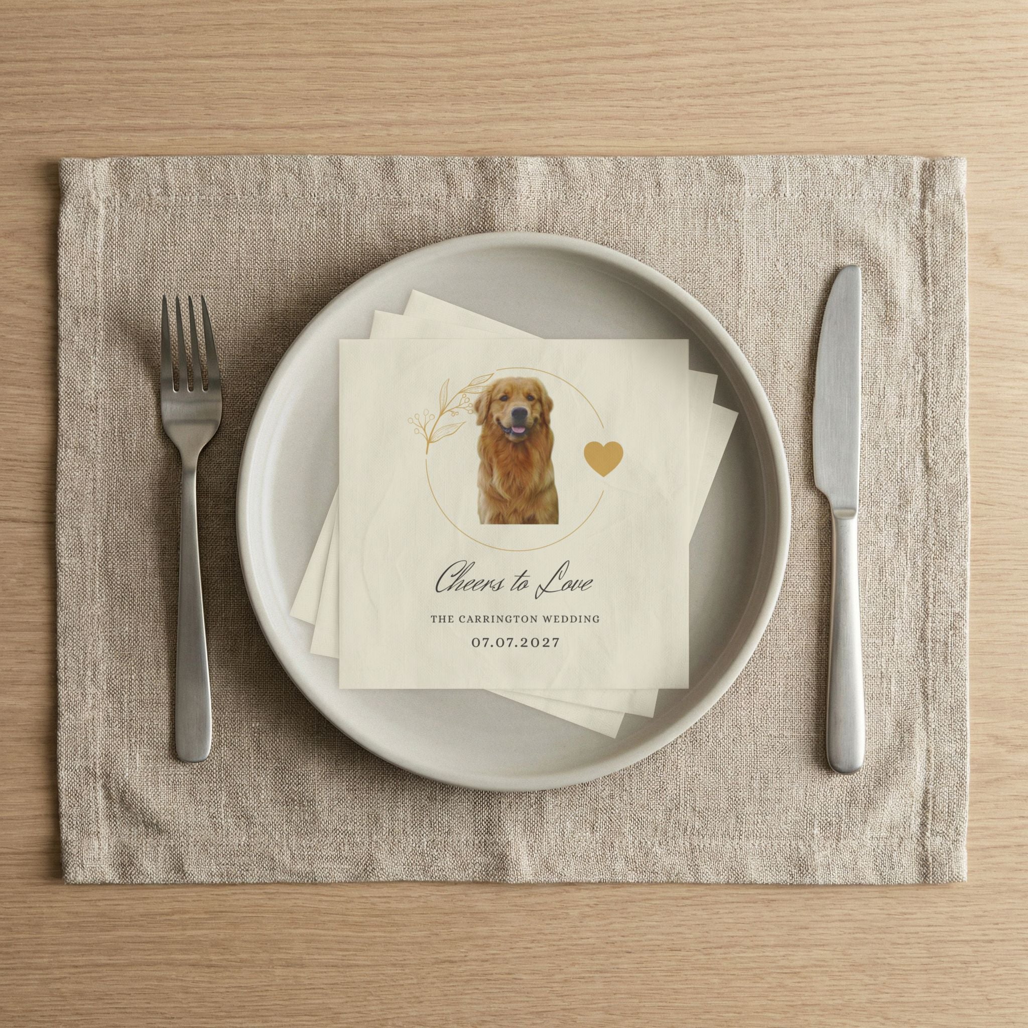 Personalized Wedding Napkins — 'Cheers to Love' Golden Retriever Design