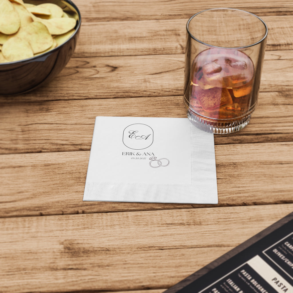 Personalized Cocktail Wedding Napkins with Names & Wedding Date — Personalized Monogram with Names