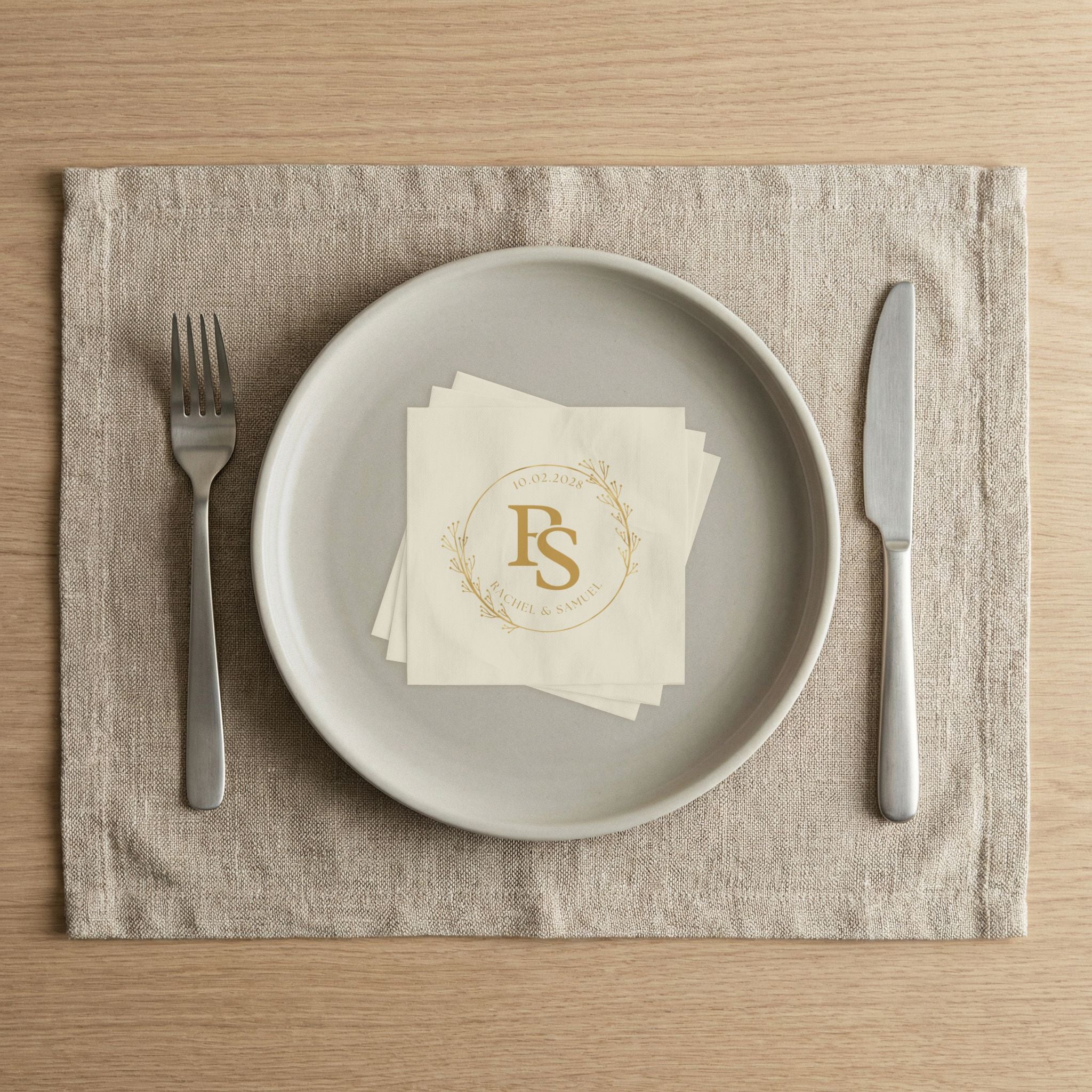 Personalized Monogram Napkins — Gold Floral Initials (Custom Names & Date)