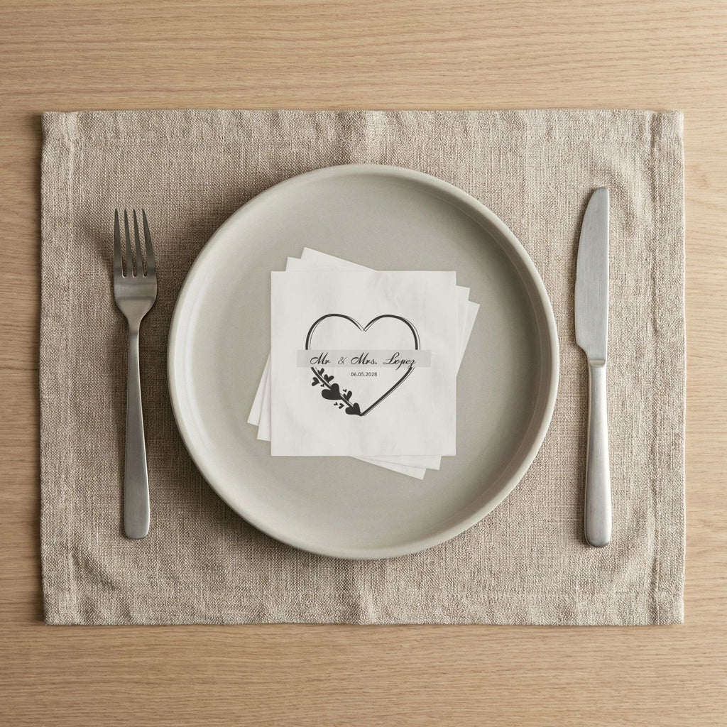 Wedding Napkins — Mr. & Mrs. Lopez Custom Date Heart Design