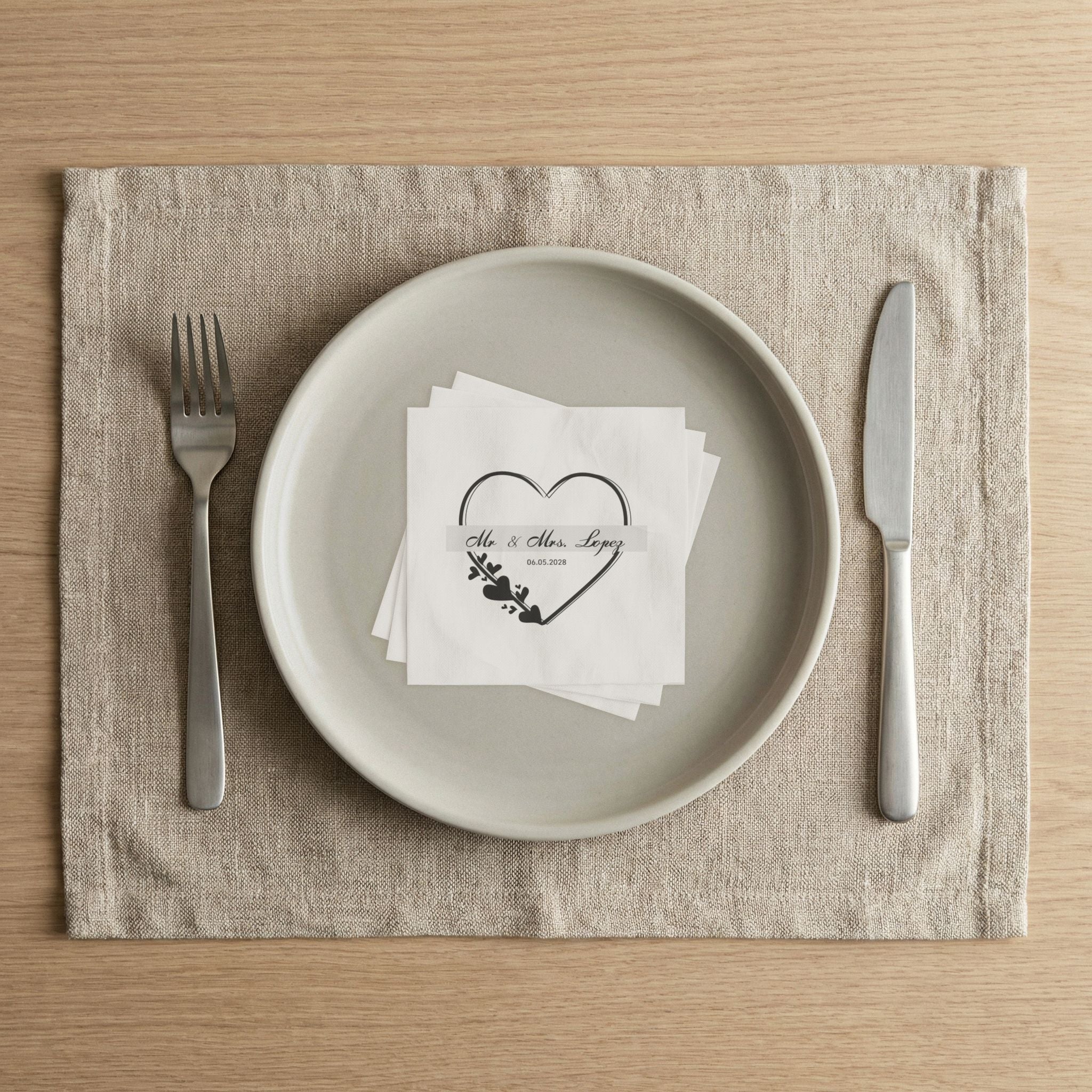 Wedding Napkins — Mr. & Mrs. Lopez Custom Date Heart Design