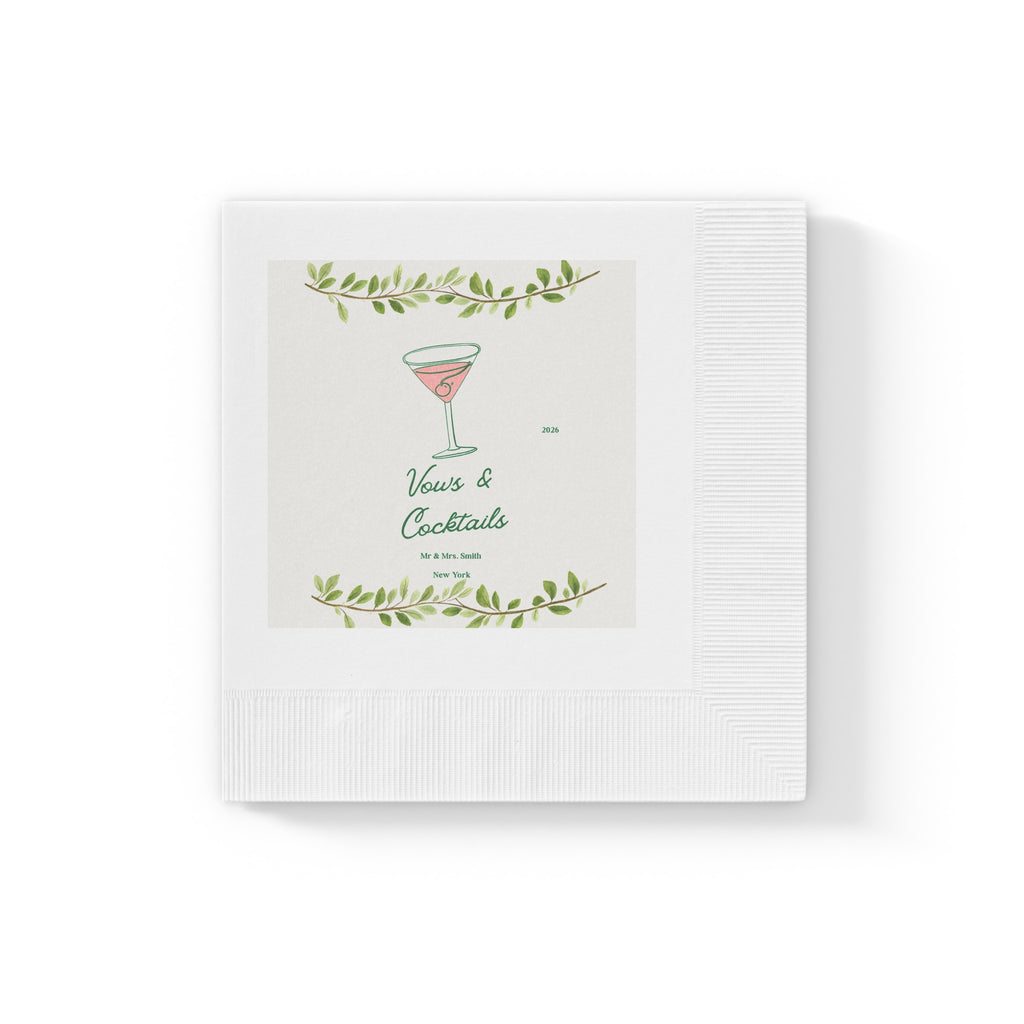 Wedding Personalized Cocktail Party Napkins – "Vows & Cocktails" Floral Martini Beverage Napkins Mr & Mrs