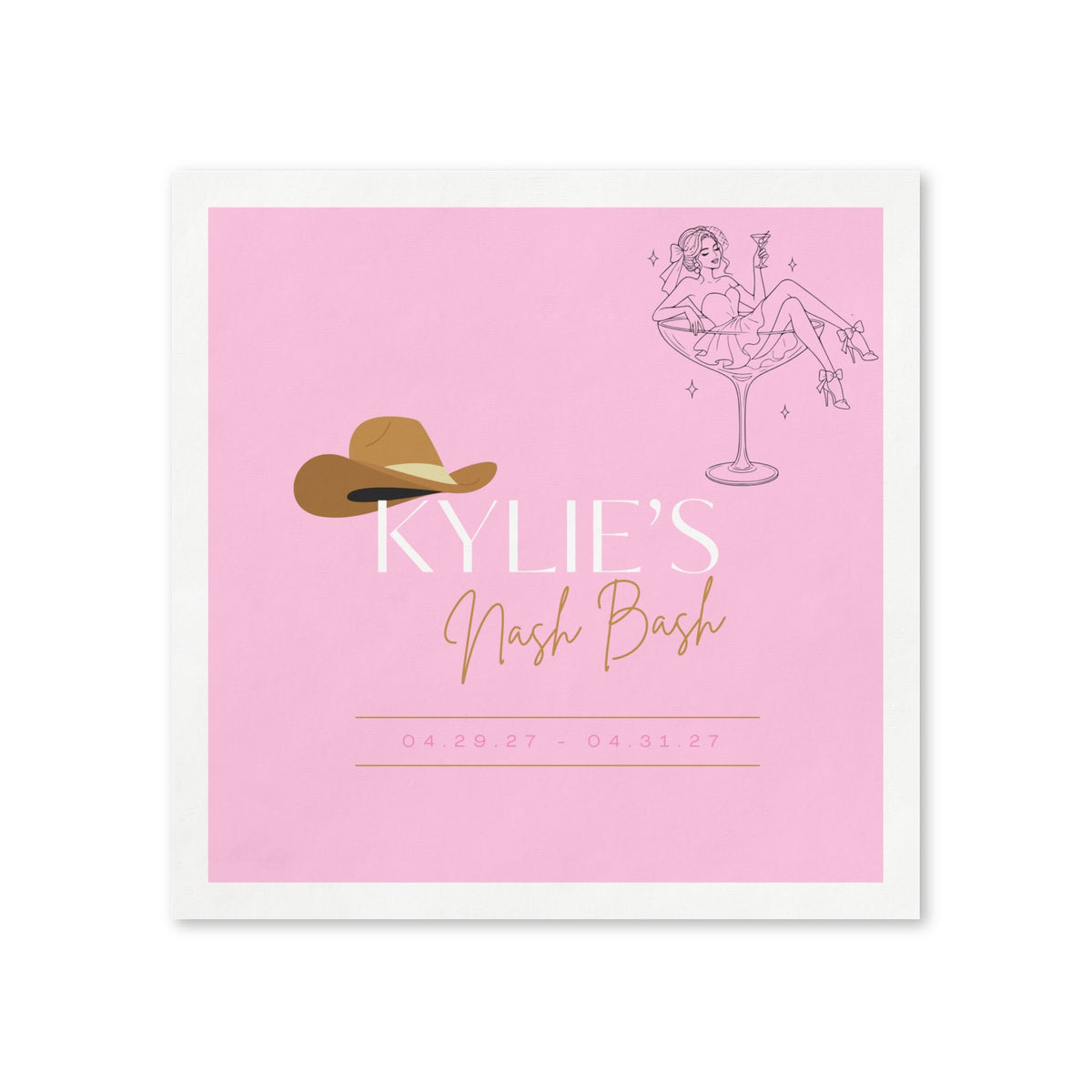 Bachelorette Napkins - Personalized 'Kylie's Nash Bash' Pink Cowboy Hat Cocktail Design