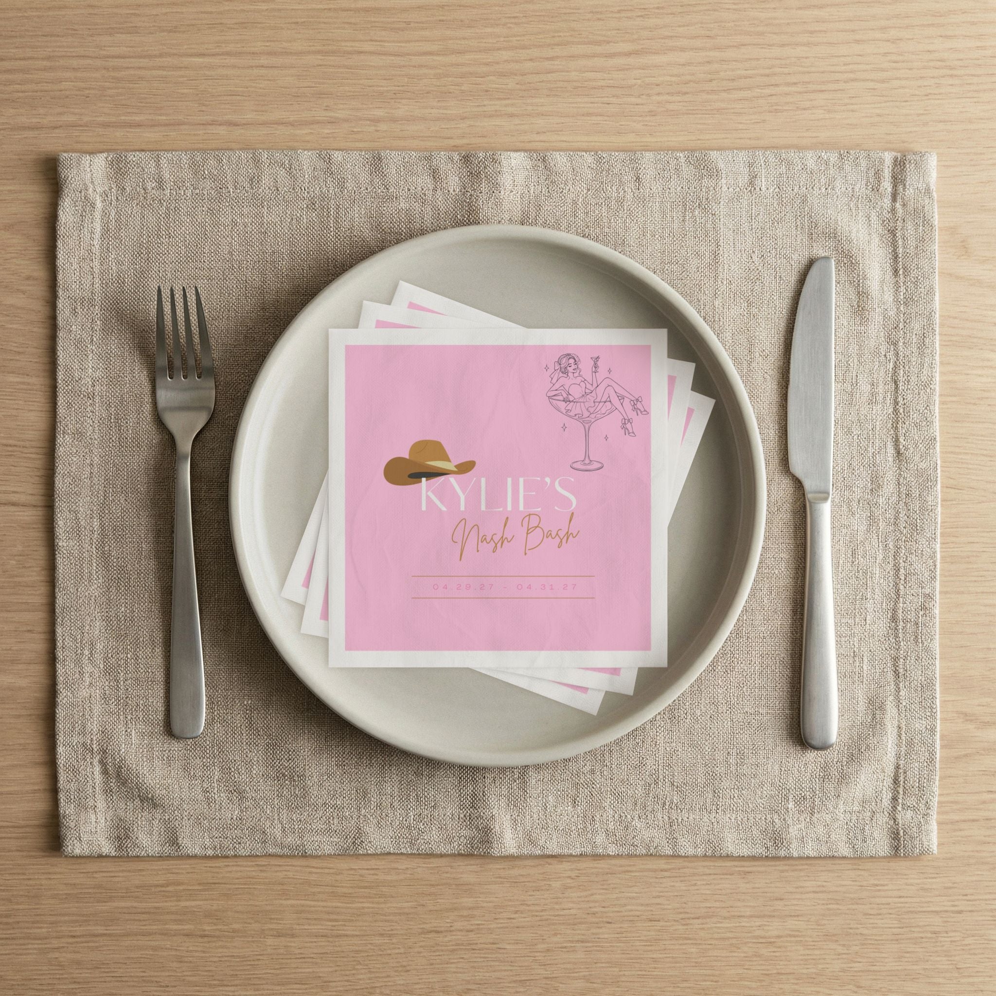 Bachelorette Napkins - Personalized 'Kylie's Nash Bash' Pink Cowboy Hat Cocktail Design