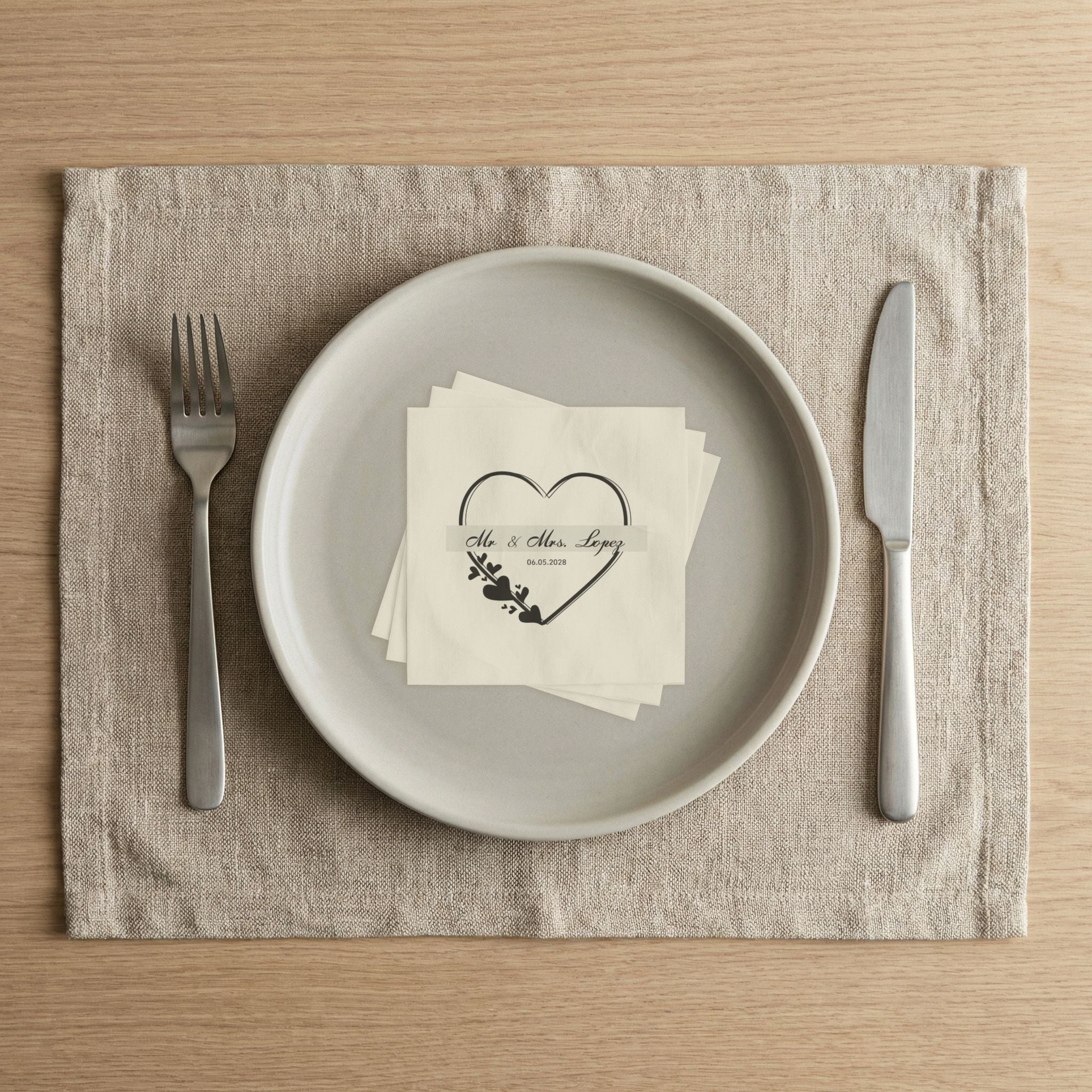 Wedding Napkins — Mr. & Mrs. Lopez Custom Date Heart Design