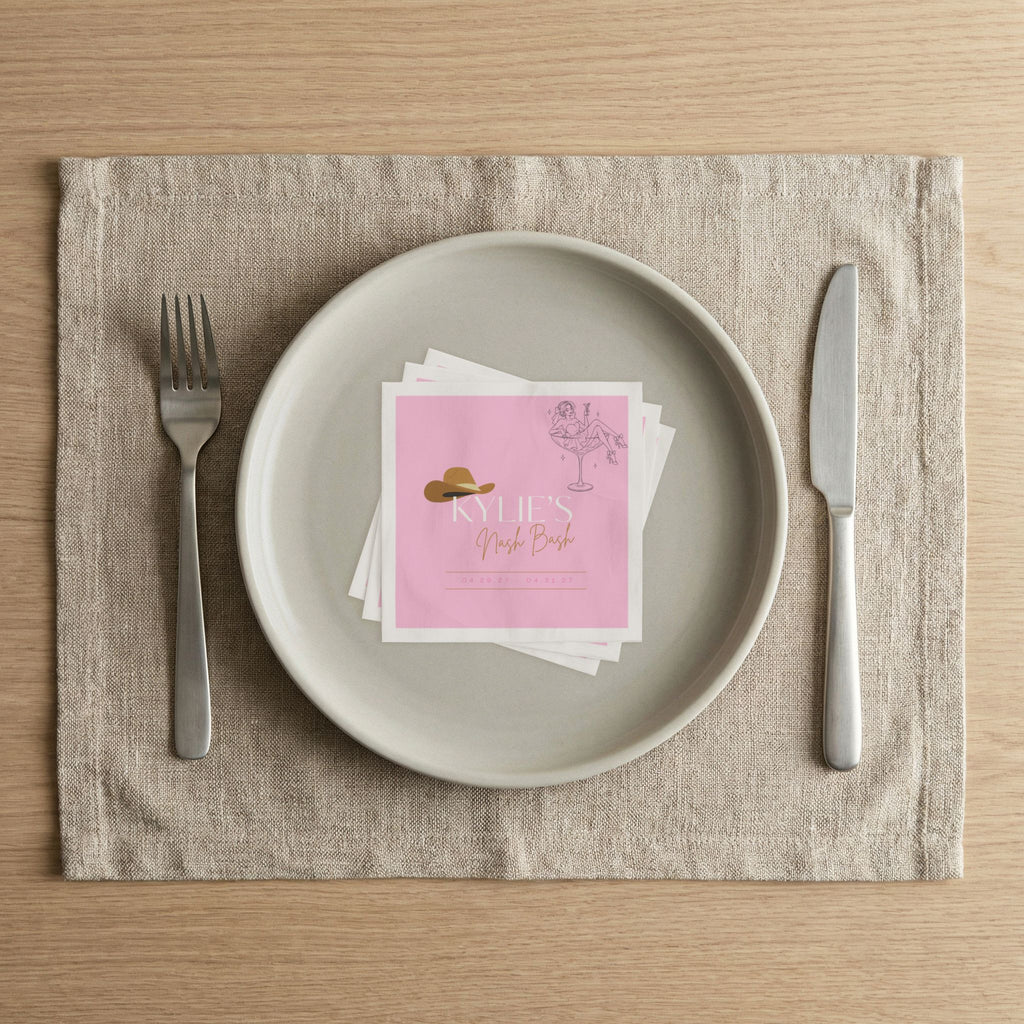 Bachelorette Napkins - Personalized 'Kylie's Nash Bash' Pink Cowboy Hat Cocktail Design