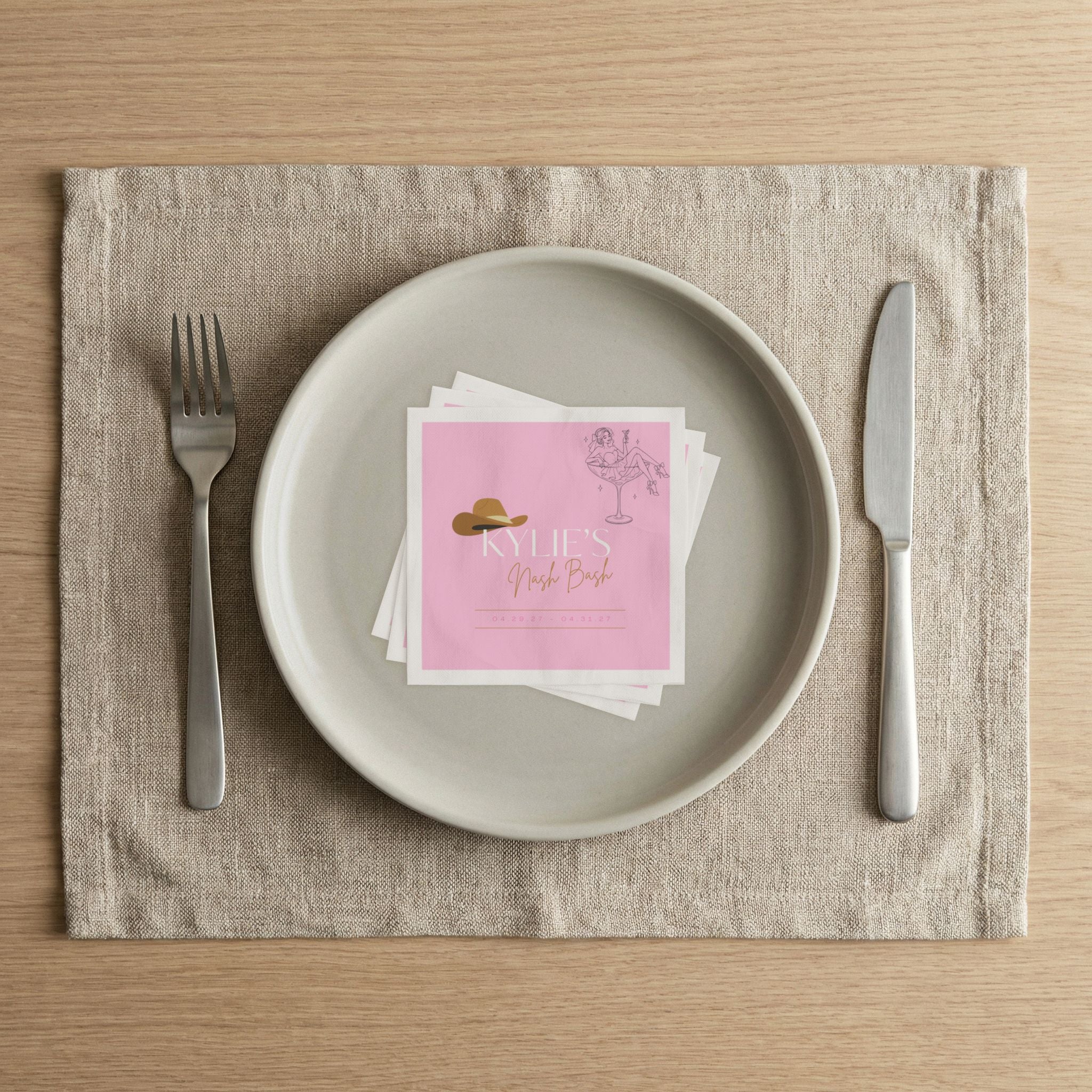 Bachelorette Napkins - Personalized 'Kylie's Nash Bash' Pink Cowboy Hat Cocktail Design