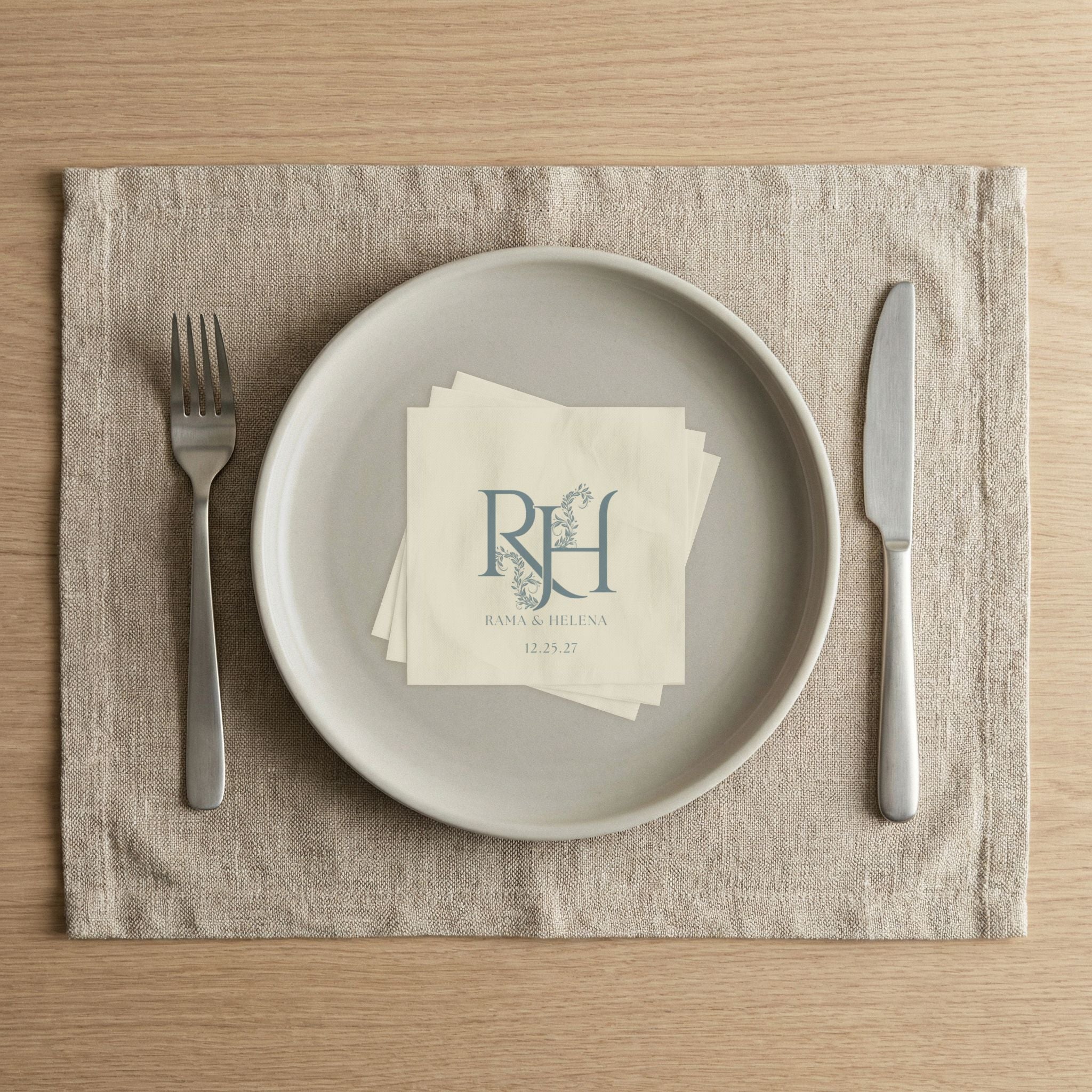Wedding Monogram Napkins — Personalized RH Initials with Names & Date