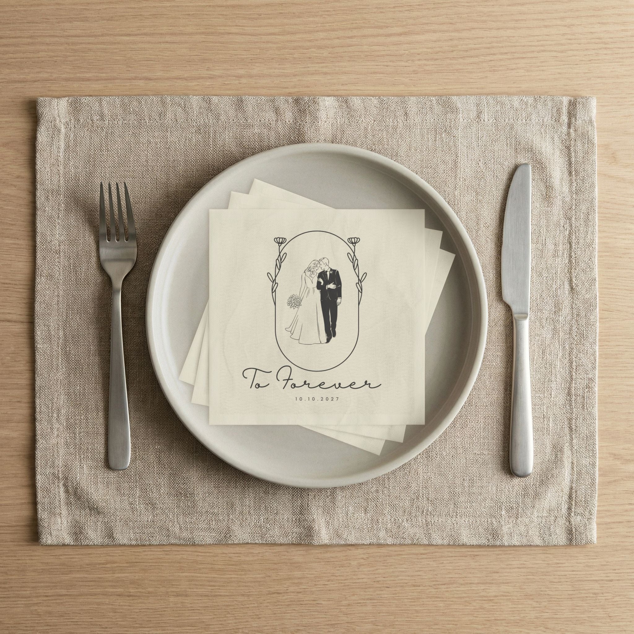 Wedding Beverage Napkins — 'To Forever' Bride & Groom Keepsake Napkins (Custom Date)