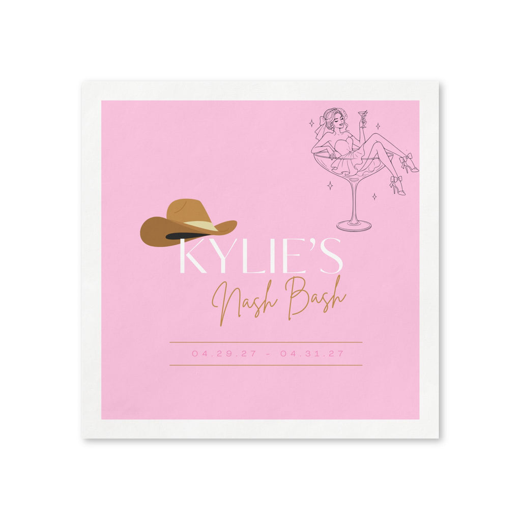 Bachelorette Napkins - Personalized 'Kylie's Nash Bash' Pink Cowboy Hat Cocktail Design