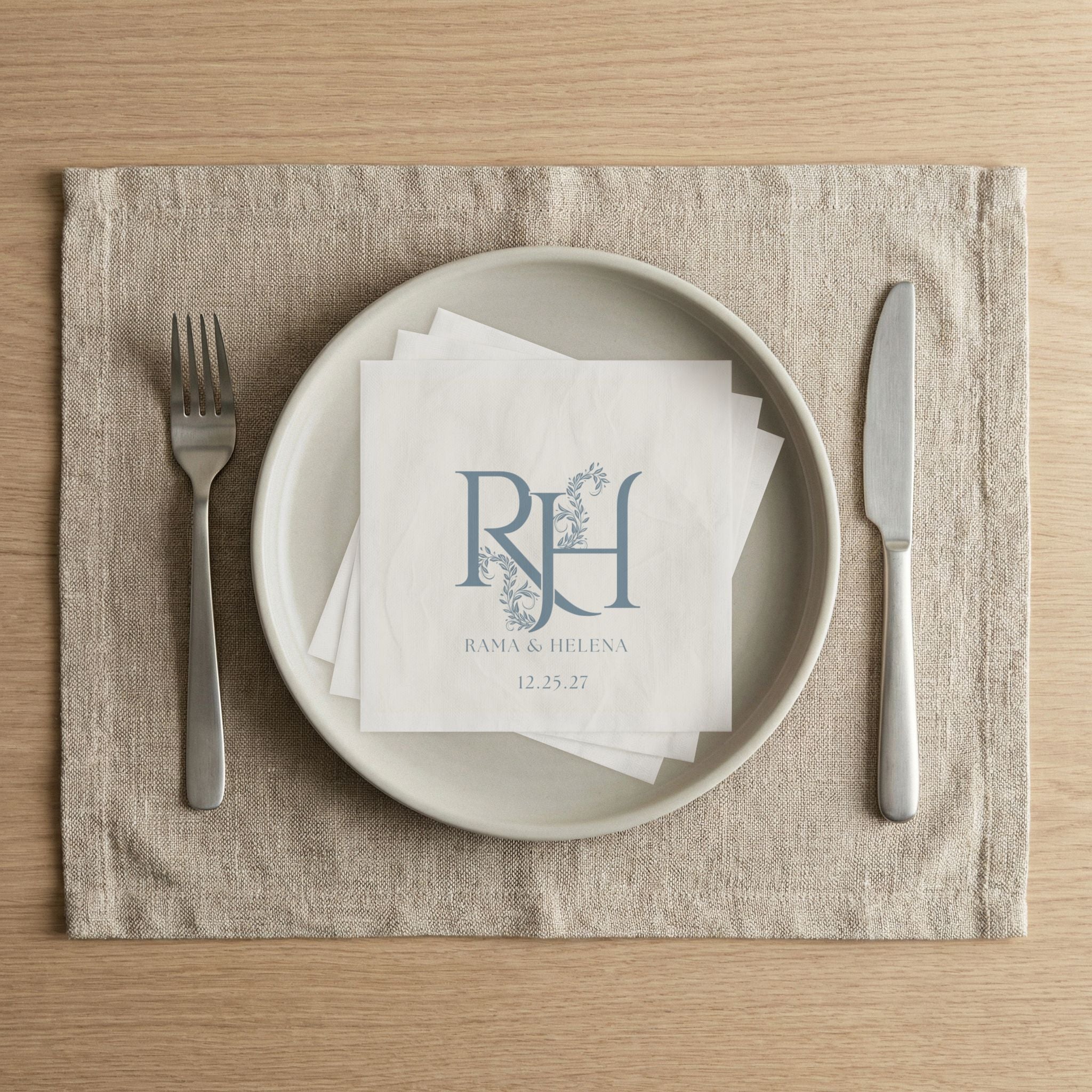 Wedding Monogram Napkins — Personalized RH Initials with Names & Date
