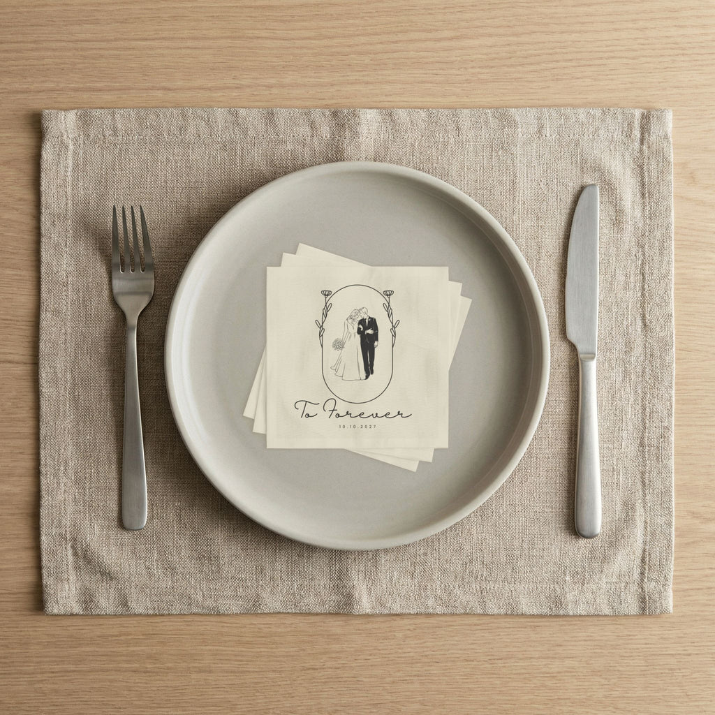 Wedding Beverage Napkins — 'To Forever' Bride & Groom Keepsake Napkins (Custom Date)