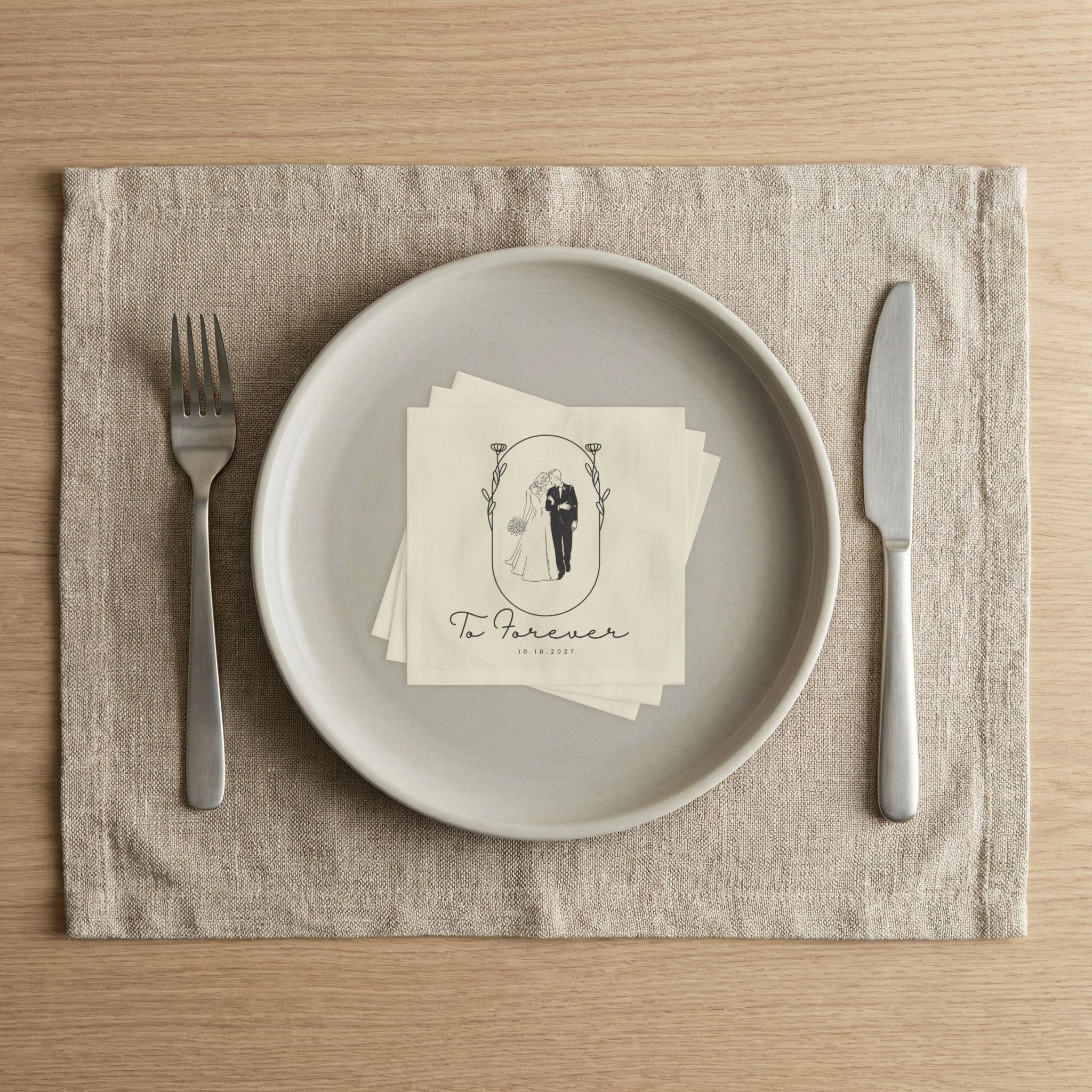 Wedding Beverage Napkins — 'To Forever' Bride & Groom Keepsake Napkins (Custom Date)