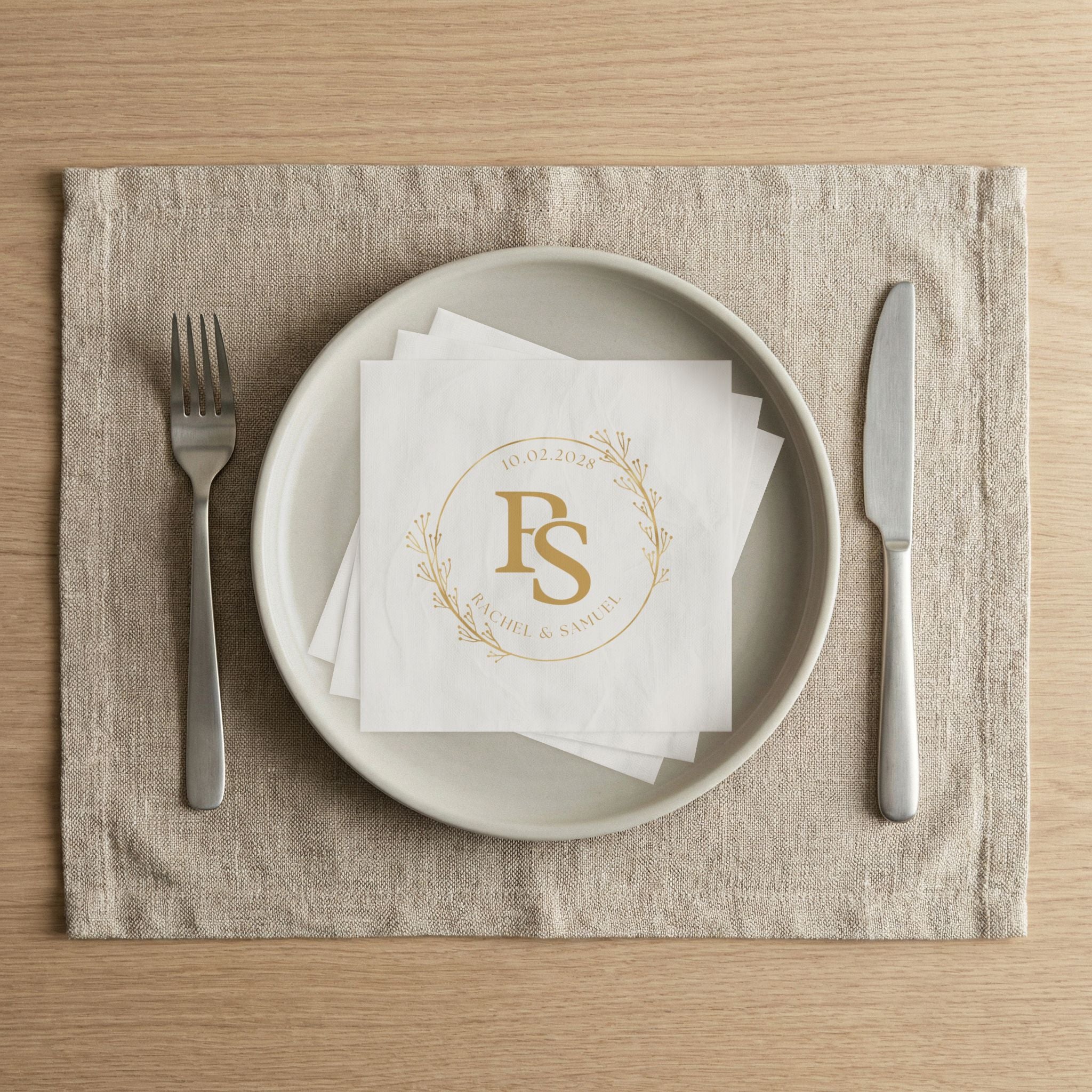 Personalized Monogram Napkins — Gold Floral Initials (Custom Names & Date)