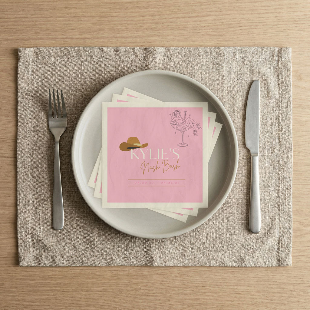 Bachelorette Napkins - Personalized 'Kylie's Nash Bash' Pink Cowboy Hat Cocktail Design