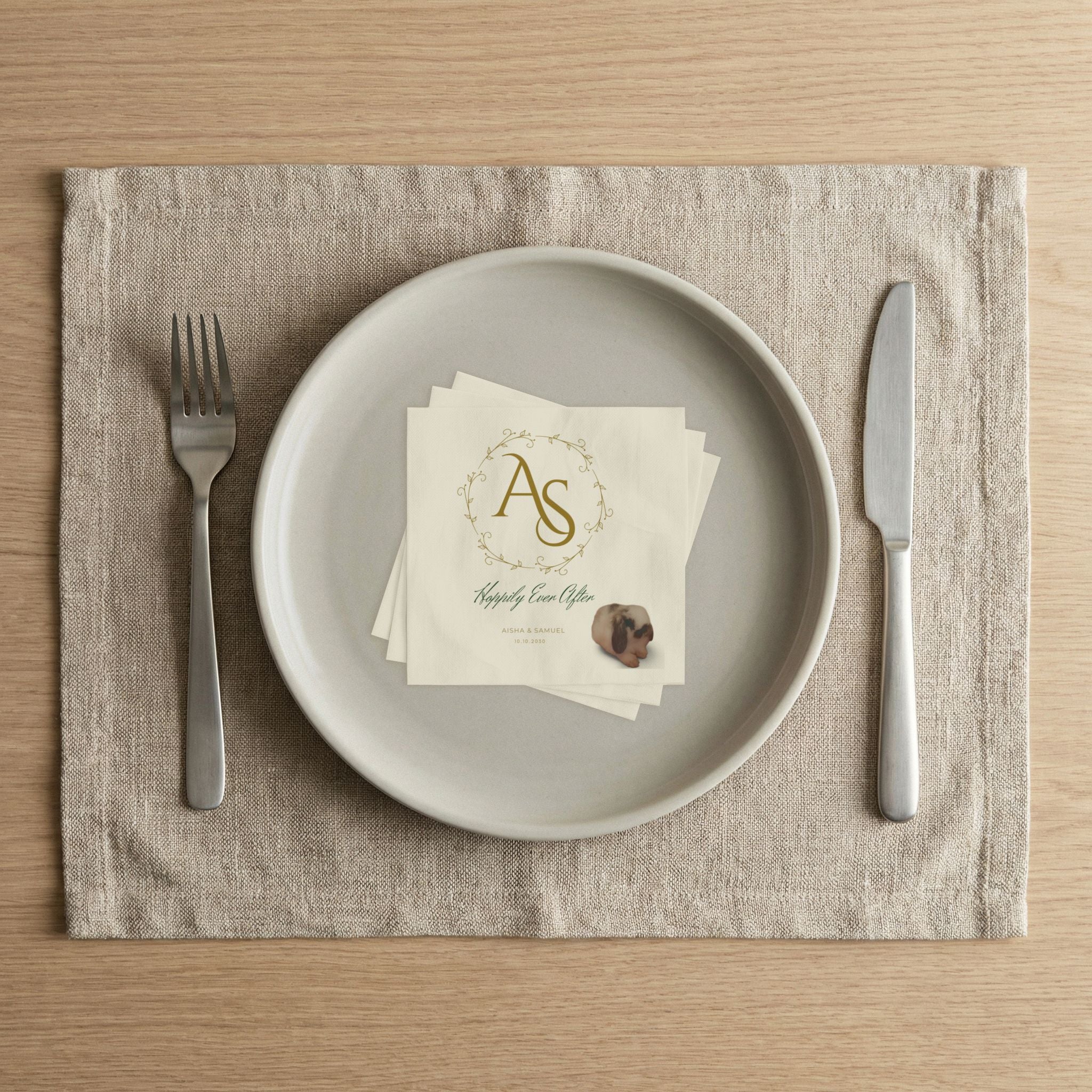 Monogrammed Wedding Napkins — "Hoppily Ever After" Personalized Cocktail Napkins Rabbit Lovers -