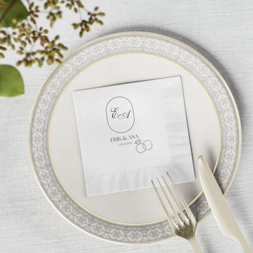Personalized Cocktail Wedding Napkins with Names & Wedding Date — Personalized Monogram with Names