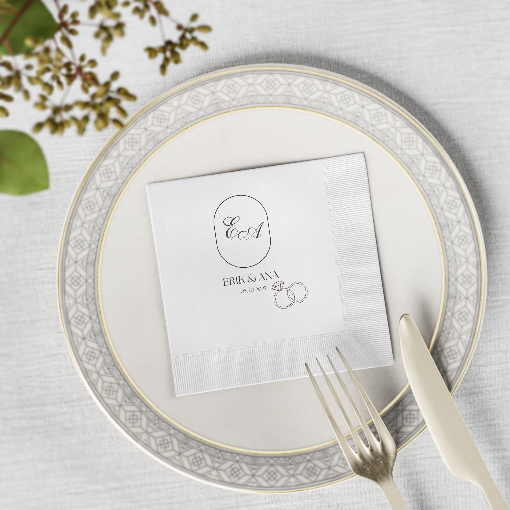 Personalized Cocktail Wedding Napkins with Names & Wedding Date — Personalized Monogram with Names