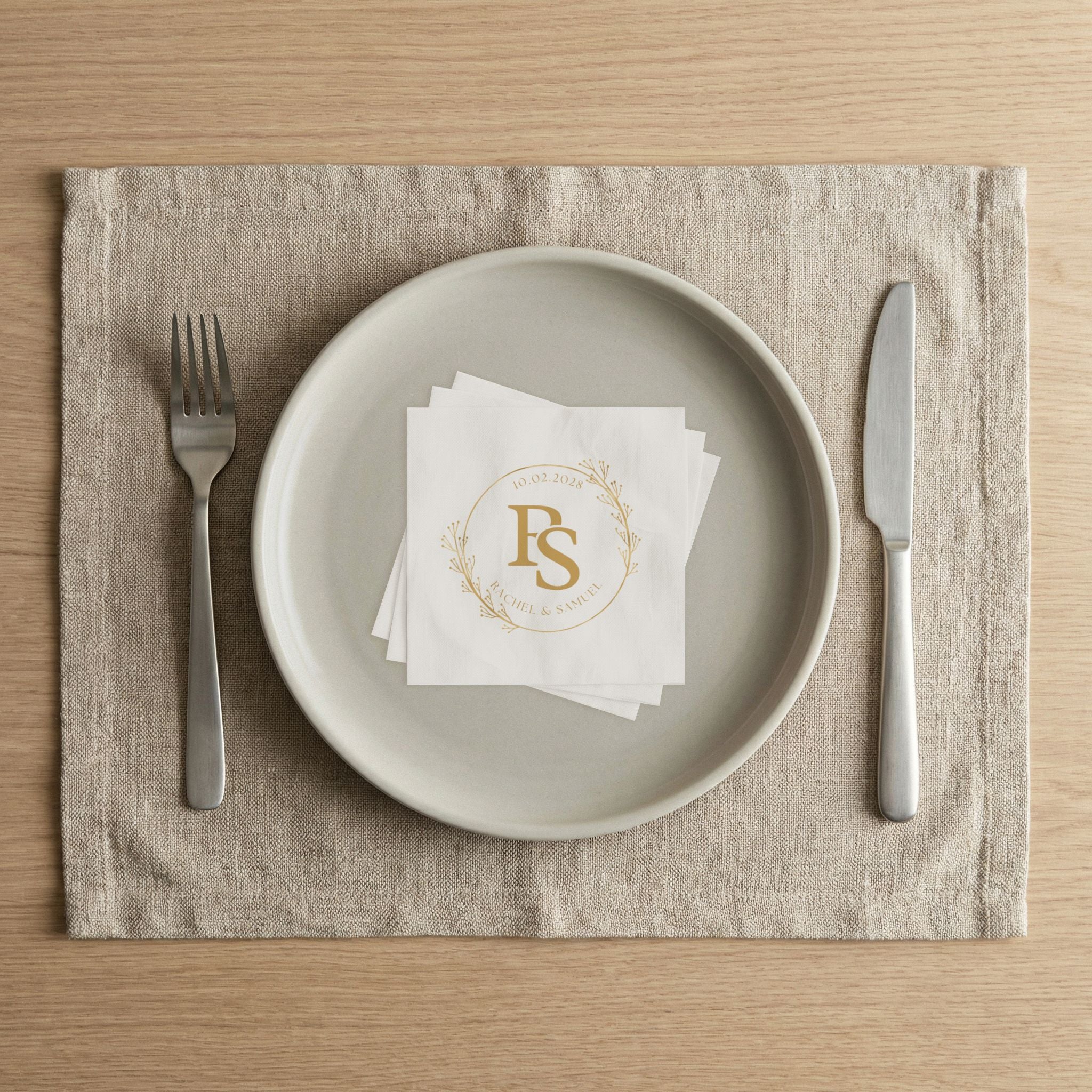 Personalized Monogram Napkins — Gold Floral Initials (Custom Names & Date)