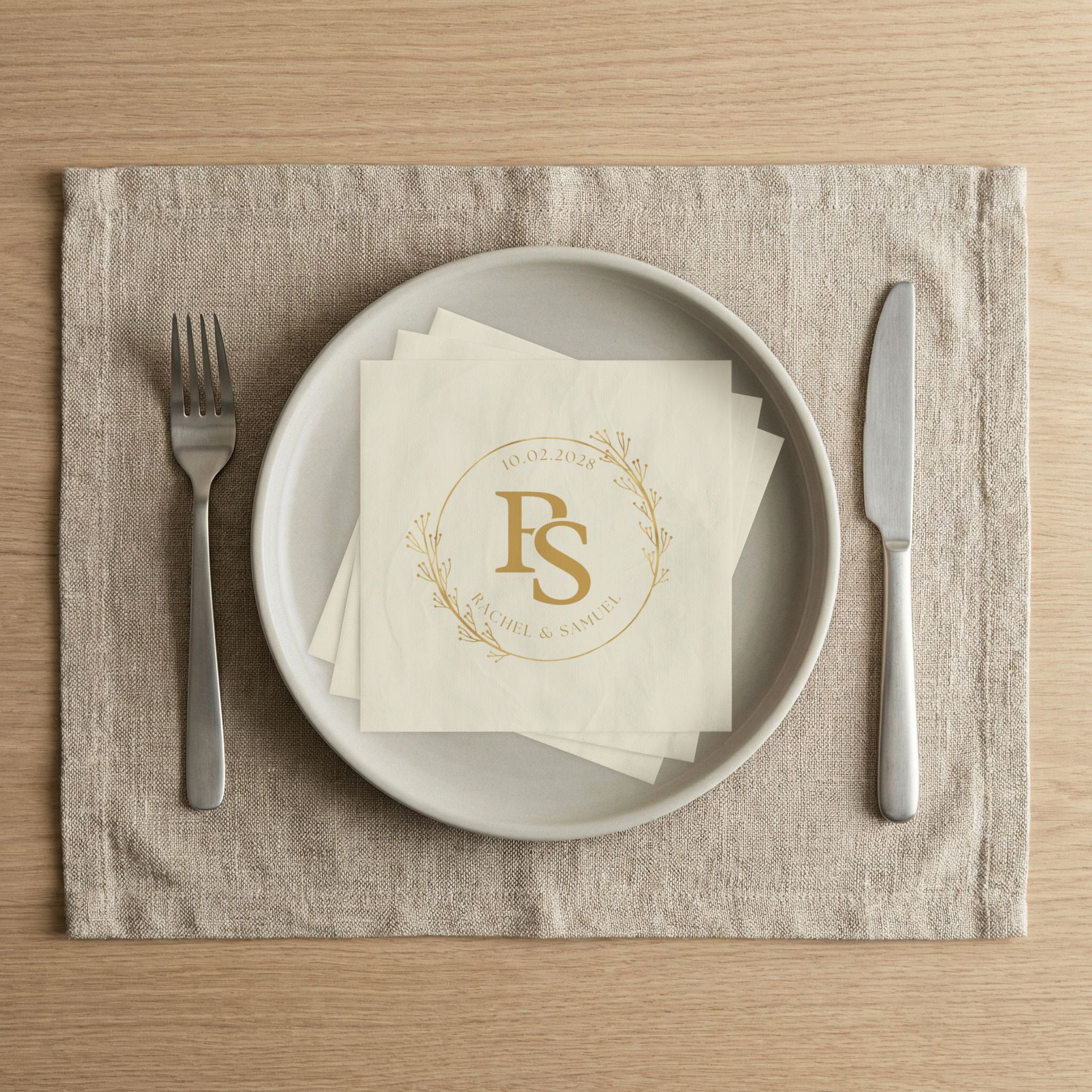 Personalized Monogram Napkins — Gold Floral Initials (Custom Names & Date)