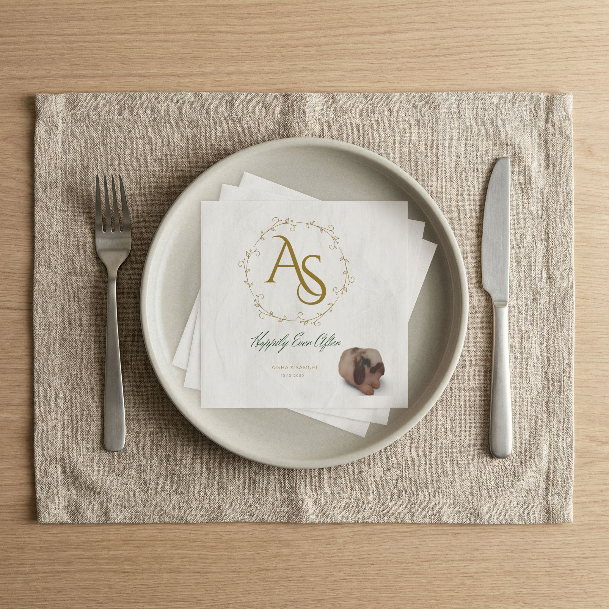 Monogrammed Wedding Napkins — "Hoppily Ever After" Personalized Cocktail Napkins Rabbit Lovers -