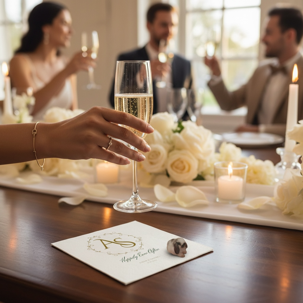 Monogrammed Wedding Napkins — "Hoppily Ever After" Personalized Cocktail Napkins Rabbit Lovers -