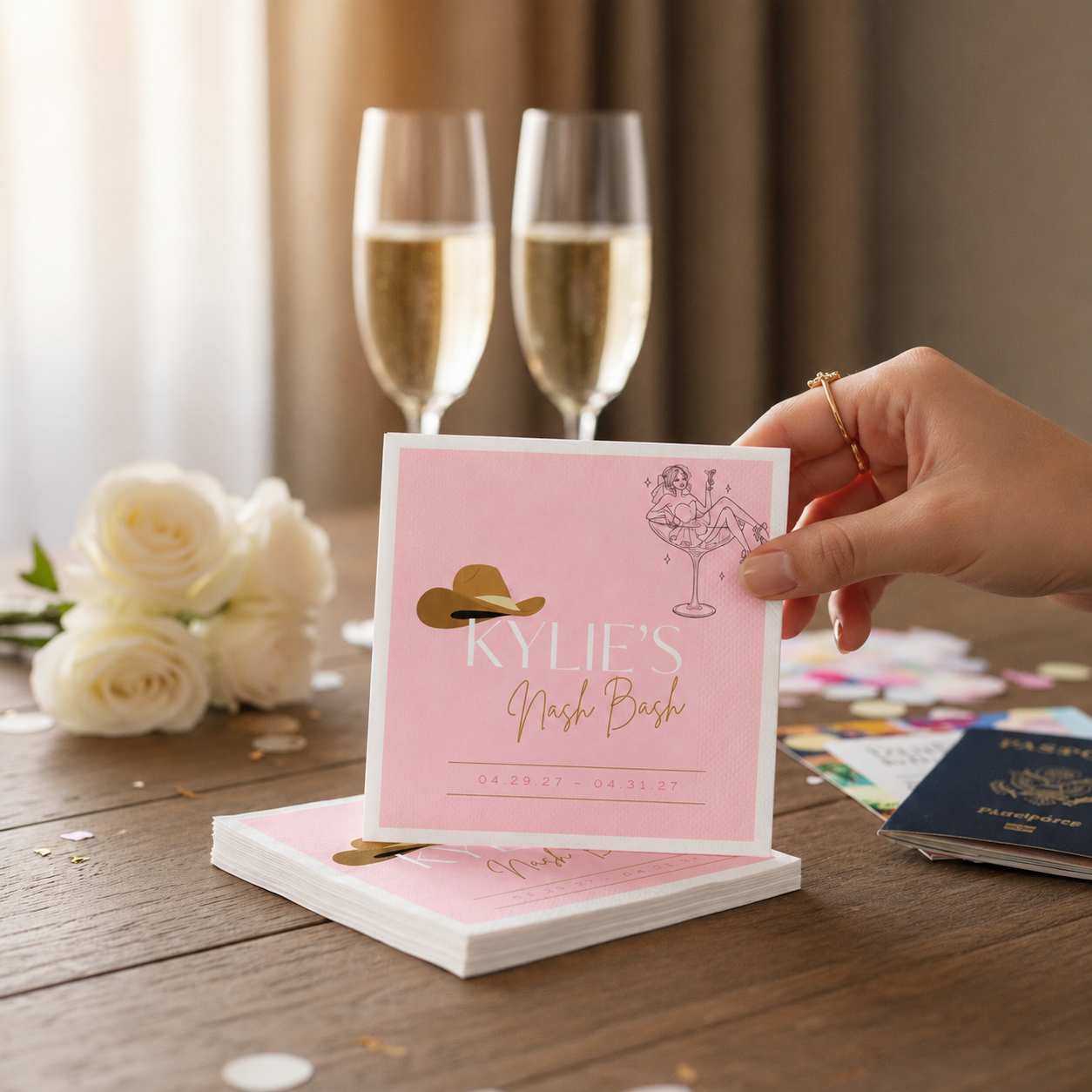 Bachelorette Napkins - Personalized 'Kylie's Nash Bash' Pink Cowboy Hat Cocktail Design